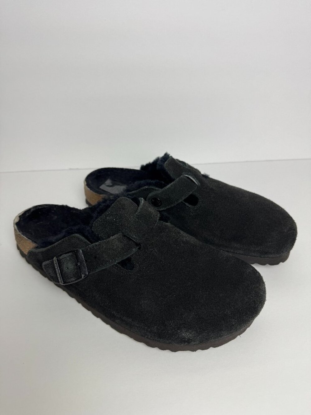 Birkenstock Boston Shearling Suede Leather Black Cork Narrow Slipper Fur